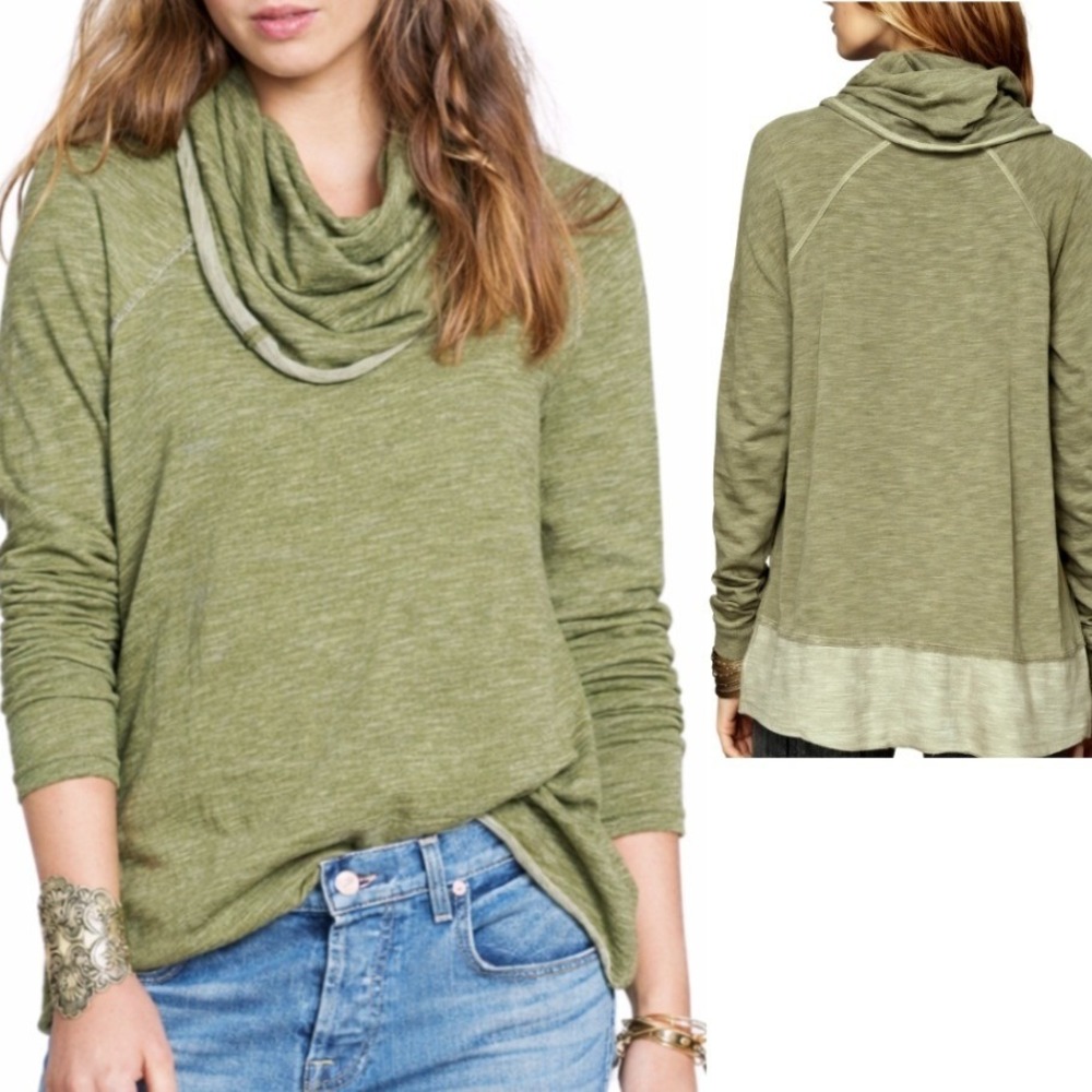 Free People Beach Women Olive Green Cocoon Cowl Neck Marled Pullover Top‎ Size M